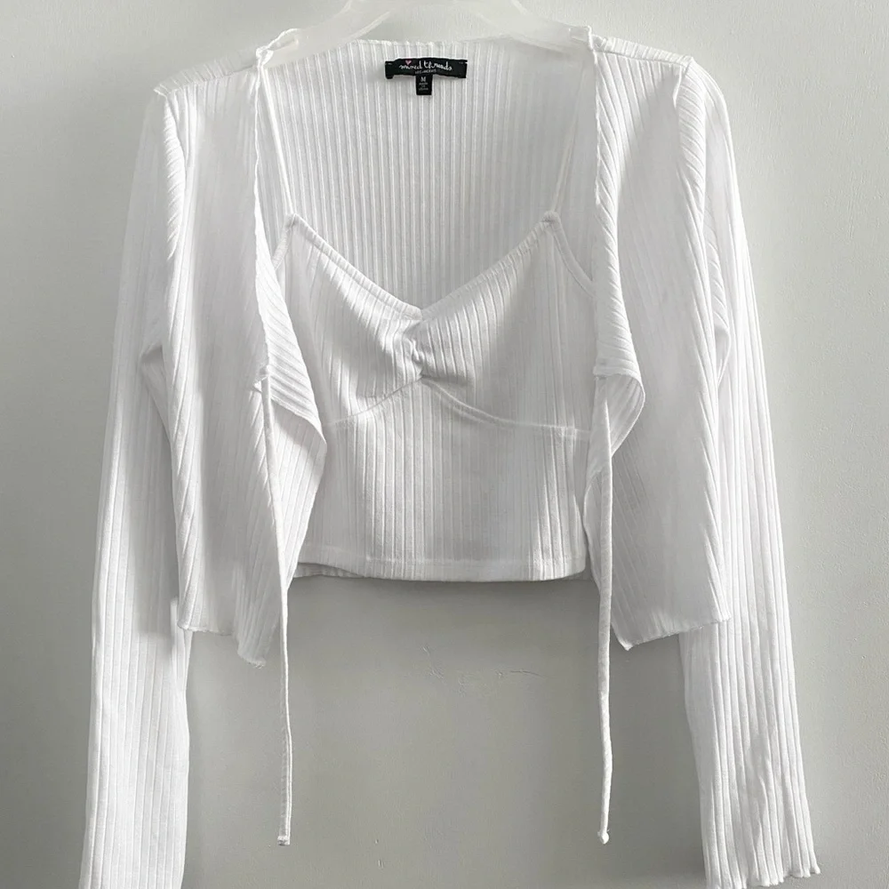 Mixed Threads (juniors) ribbed long sleeve cardi + cropped cami coord set, white - Picture 2 of 11